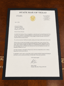 Official recognition letter from the State Bar of Texas congratulating an attorney on Fifty-Year Lawyer status.